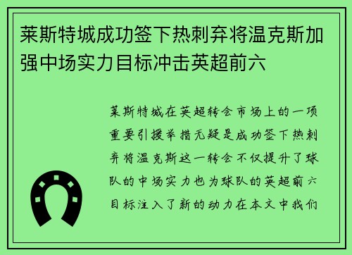 莱斯特城成功签下热刺弃将温克斯加强中场实力目标冲击英超前六